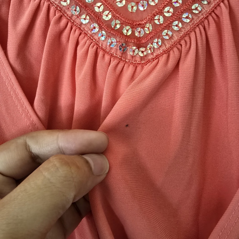 Spin Faux Wrap Top Womens XL V-Neck Coral Y2k 90s Ruched Coquette Bling USA Made - Picture 7 of 7